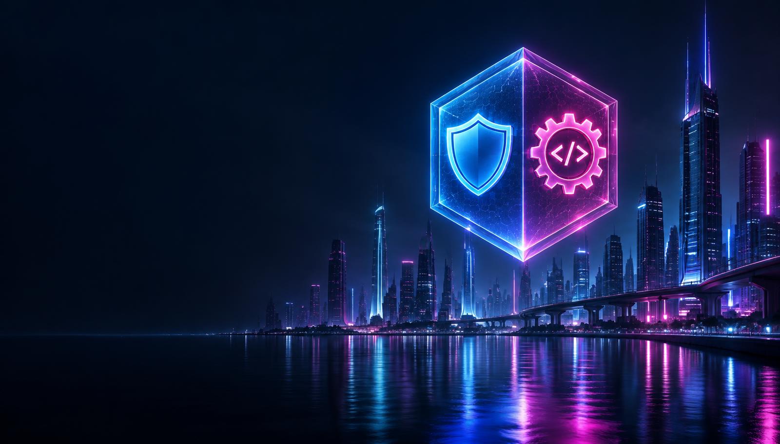 Cidade futurista com hexágono dividido entre proteção e execução